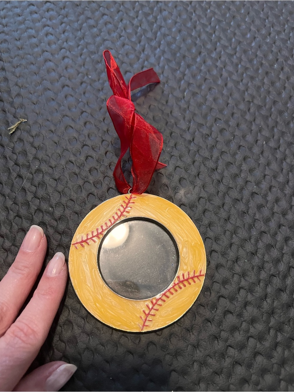 Baseball-Themed Round Ornament Mirror with Red Ribbon